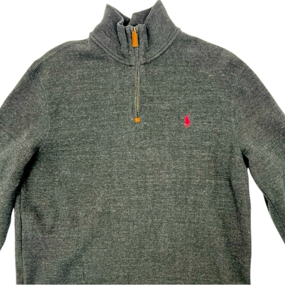 Polo Ralph Lauren  Grey Quarter Zip Old Money Leather Pull Zipper Turtleneck L